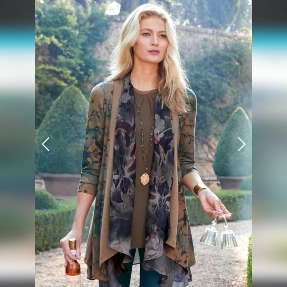 Soft Surroundings M Tea Gardens Topper Bird Sweater Cardigan Fairy Mystical Boho
